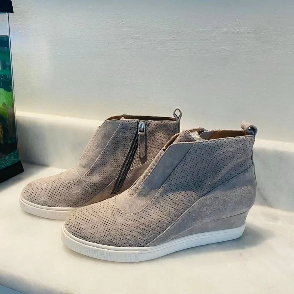 Linea Paolo Perforated Suede Wedge Felicia Sneaker Bootie Taupe Size 7.5